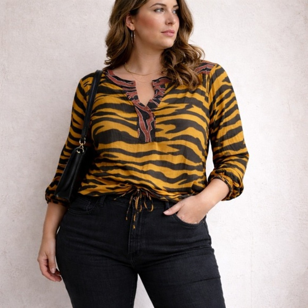 BURU Tiger Animal Print Cinch Hem Blouse – Large Statement Top 3/4 Sleeve